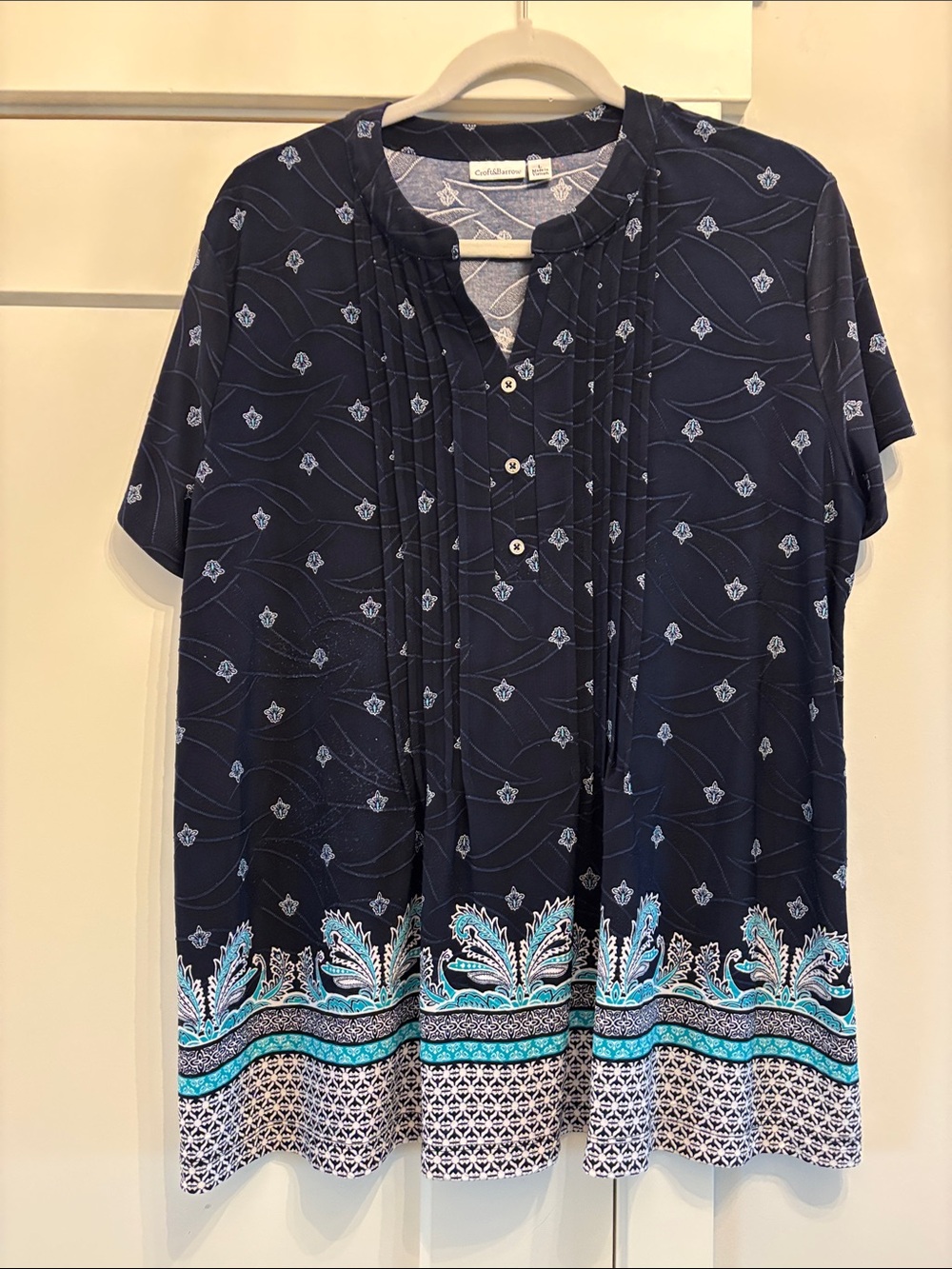 Coldwater Creek Navy Tunic with Teal & White Border Print